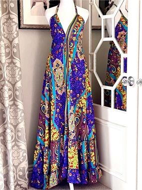 Fullah Sugah Bohemian Paisley Print Deep V-Neck Halter Dress Silk/Viscose - Sz L